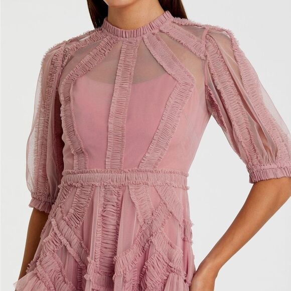 MAC DUGGAL 8058 Pink High Neck Micro Ruffle Tiered Midi Dress - Picture 7 of 16